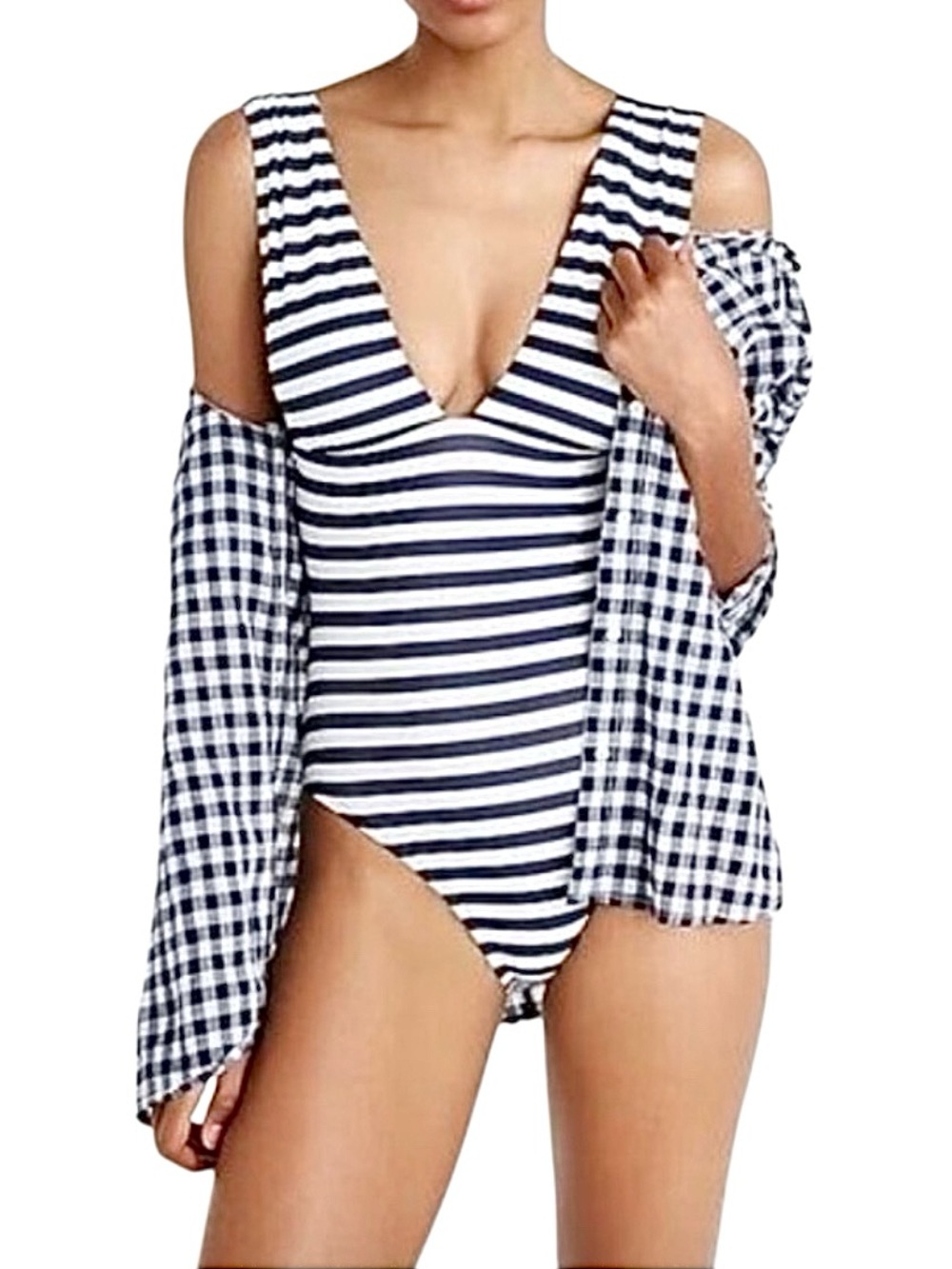 J Crew Plunge V neck One piece Swimsuit in Navy and Ivory Size 0 NWT